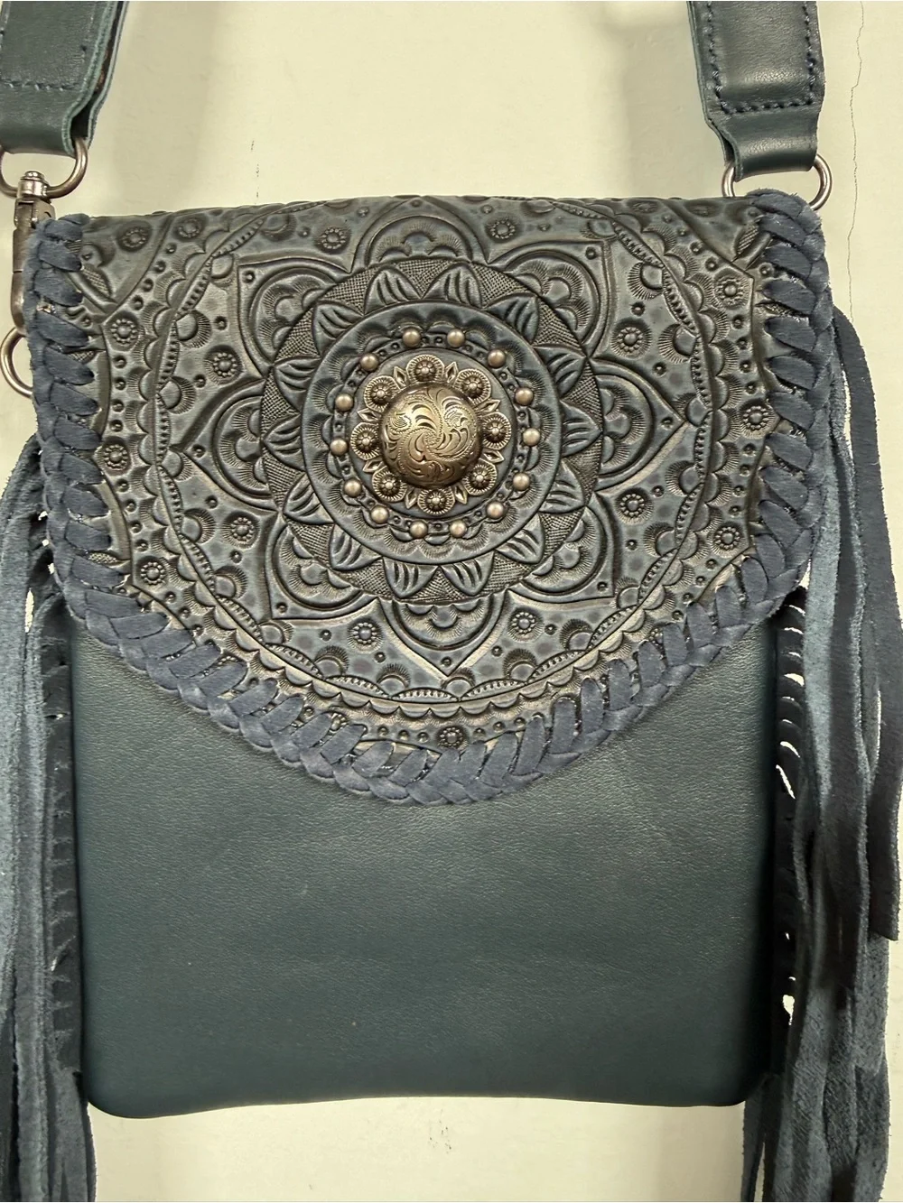 Montana West Navy Blue Genuine Leather Hand Tooled Mandala Fringe Crossbody Bag